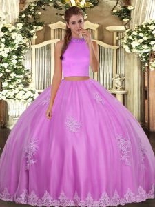 Trendy Lilac Halter Top Neckline Beading and Appliques 15 Quinceanera Dress Sleeveless Backless