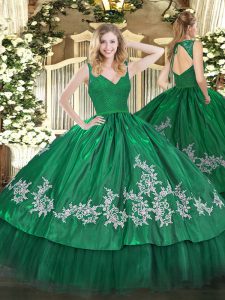 Dark Green Sleeveless Floor Length Beading and Lace and Appliques Backless Sweet 16 Dress