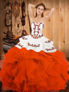 Pretty Orange Red Ball Gowns Strapless Sleeveless Satin and Organza Floor Length Lace Up Embroidery and Ruffles Quinceanera Dresses
