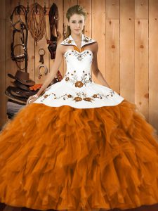 Beautiful Orange Red Sleeveless Embroidery and Ruffles Floor Length 15th Birthday Dress