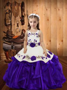 Straps Sleeveless Pageant Dress for Teens Floor Length Embroidery and Ruffles Purple Organza