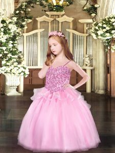 Pink Lace Up Spaghetti Straps Appliques Girls Pageant Dresses Organza Sleeveless