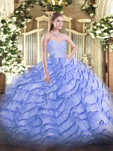 Blue Ball Gowns Sweetheart Sleeveless Organza Brush Train Lace Up Beading and Ruffled Layers Vestidos de Quinceanera