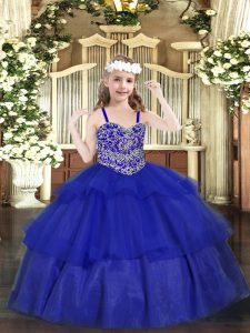 Floor Length Royal Blue Little Girl Pageant Gowns Organza Sleeveless Beading and Ruffled Layers