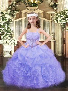 Floor Length Lace Up Little Girls Pageant Dress Wholesale Lavender for Party and Quinceanera with Beading and Ruffles and Pick Ups