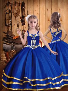 Royal Blue Ball Gowns Embroidery and Ruffled Layers Pageant Dress for Teens Lace Up Organza Sleeveless Floor Length