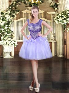 Hot Sale Lavender Organza Zipper Dress for Prom Sleeveless Mini Length Beading