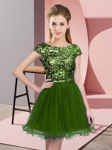 Ideal Olive Green Scoop Neckline Sequins Vestidos de Damas Cap Sleeves Zipper