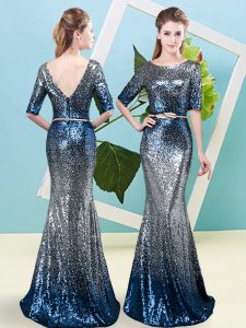 Half Sleeves Sequined Floor Length Zipper in Multi-color with Sequins and Belt