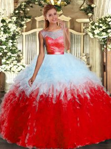 Lace and Ruffles Ball Gown Prom Dress Multi-color Backless Sleeveless Floor Length