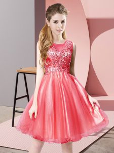 Cute Coral Red A-line Scoop Sleeveless Tulle Knee Length Zipper Beading Homecoming Dress