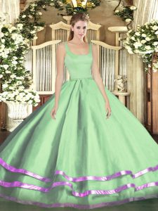 Straps Sleeveless 15 Quinceanera Dress Floor Length Ruffled Layers Apple Green Tulle