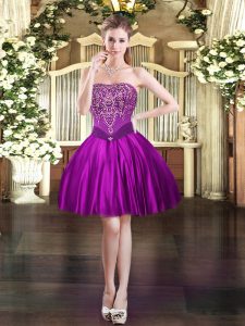Ball Gowns Homecoming Dress Purple Strapless Satin Sleeveless Mini Length Lace Up