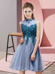 Customized Blue Lace Up High-neck Appliques Quinceanera Dama Dress Tulle Sleeveless