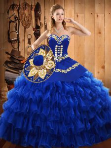 Flirting Sweetheart Sleeveless Tulle Quince Ball Gowns Embroidery and Ruffled Layers Lace Up