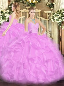 Custom Made Floor Length Lace Up Sweet 16 Quinceanera Dress Lilac for Military Ball and Sweet 16 and Quinceanera with Beading and Ruffles