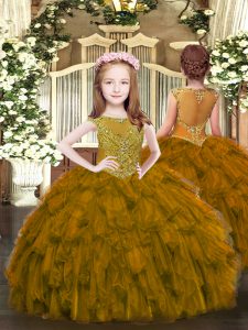 Brown Pageant Dress Party and Quinceanera with Beading and Ruffles Scoop Sleeveless Zipper