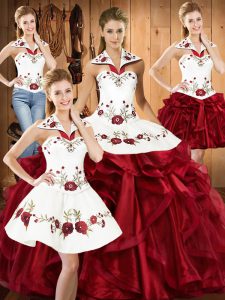 Fitting Wine Red Sleeveless Embroidery and Ruffles Floor Length Quinceanera Dress