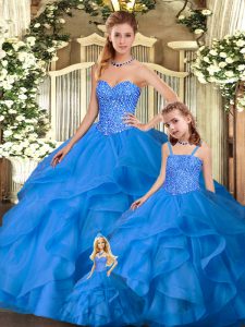 Best Selling Blue Sweetheart Neckline Beading and Ruffles Quinceanera Dress Sleeveless Lace Up