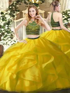 Flirting Yellow Ball Gowns Halter Top Sleeveless Organza Floor Length Zipper Beading and Ruffles 15 Quinceanera Dress