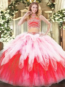 Enchanting Multi-color Two Pieces Beading and Ruffles 15th Birthday Dress Backless Tulle Sleeveless Floor Length
