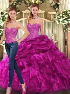 Hot Sale Sleeveless Floor Length Beading and Ruffles Lace Up Sweet 16 Quinceanera Dress with Fuchsia