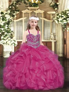 Fuchsia Pageant Dress for Teens Party and Quinceanera with Beading and Ruffles Straps Sleeveless Lace Up