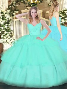 Custom Design Apple Green Organza Zipper Ball Gown Prom Dress Sleeveless Floor Length Ruffled Layers