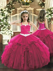 Simple Hot Pink Lace Up Straps Appliques and Ruffles Pageant Dresses Tulle Sleeveless