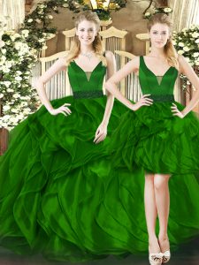 Popular Dark Green Ball Gowns Beading and Ruffles Sweet 16 Dress Lace Up Tulle Sleeveless Floor Length