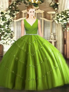 Modest Ball Gowns Quinceanera Dress Olive Green V-neck Tulle Sleeveless Floor Length Zipper