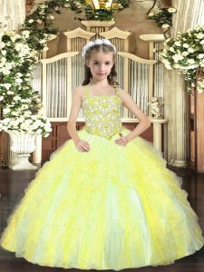 Unique Yellow Green Ball Gowns Beading and Ruffles Pageant Gowns For Girls Lace Up Tulle Sleeveless Floor Length