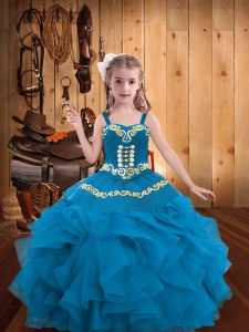 Sleeveless Floor Length Embroidery and Ruffles Lace Up Child Pageant Dress with Blue