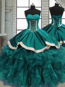 Sleeveless Organza Floor Length Lace Up Vestidos de Quinceanera in Teal with Beading and Ruffles