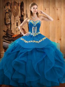 Adorable Sleeveless Floor Length Embroidery and Ruffles Lace Up Vestidos de Quinceanera with Blue