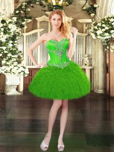 Sleeveless Organza Mini Length Lace Up Prom Gown in Green with Beading and Ruffles