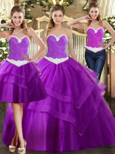 Pretty Purple Quinceanera Dresses Military Ball and Sweet 16 and Quinceanera with Appliques Sweetheart Sleeveless Lace Up