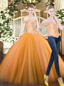 Custom Fit Orange Red Tulle Lace Up Sweet 16 Dresses Sleeveless Floor Length Beading