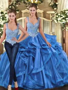 Best Selling Blue Ball Gowns Tulle Straps Sleeveless Beading and Ruffles Floor Length Lace Up Sweet 16 Dresses