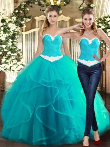 Stunning Floor Length Turquoise Quinceanera Gowns Sweetheart Sleeveless Lace Up