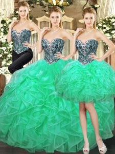 Stylish Turquoise Ball Gowns Beading and Ruffles Sweet 16 Dresses Lace Up Tulle Sleeveless Floor Length