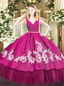 Colorful Ball Gowns Quinceanera Gowns Fuchsia V-neck Satin and Tulle Sleeveless Floor Length Zipper