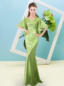 Customized V-neck Half Sleeves Evening Dress Floor Length Sequins Yellow Green Sequined