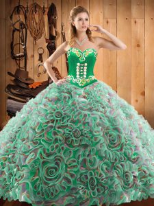 Great Multi-color Ball Gowns Embroidery Sweet 16 Quinceanera Dress Lace Up Satin and Fabric With Rolling Flowers Sleeveless With Train