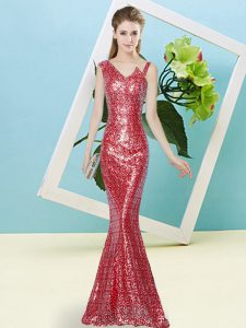 Colorful Sleeveless Sequined Floor Length Zipper Prom Dresses in Red with Sequins