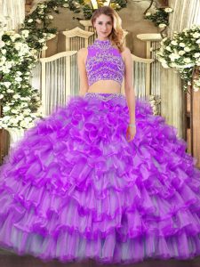 Sumptuous Sleeveless Floor Length Beading and Ruffled Layers Backless Quinceanera Dress with Purple