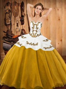 Fine Gold Strapless Lace Up Embroidery 15th Birthday Dress Sleeveless
