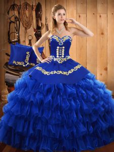 Cheap Sleeveless Floor Length Embroidery and Ruffled Layers Lace Up 15th Birthday Dress with Blue