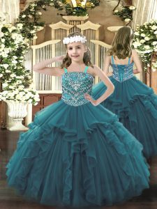 Organza Straps Sleeveless Lace Up Beading and Ruffles Custom Made Pageant Dress in Teal