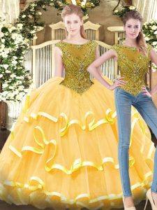 Modest Gold Sleeveless Beading and Ruffled Layers Floor Length 15 Quinceanera Dress